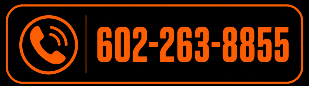 Orange phone icon with phone number 602-263-8855 on black background.