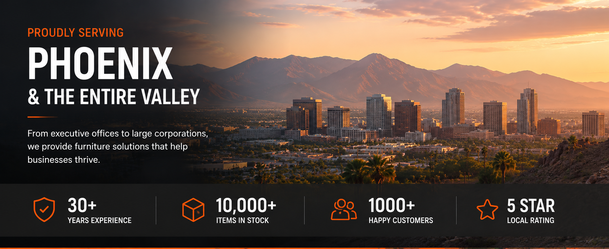 Phoenix skyline at sunset with business service highlights.